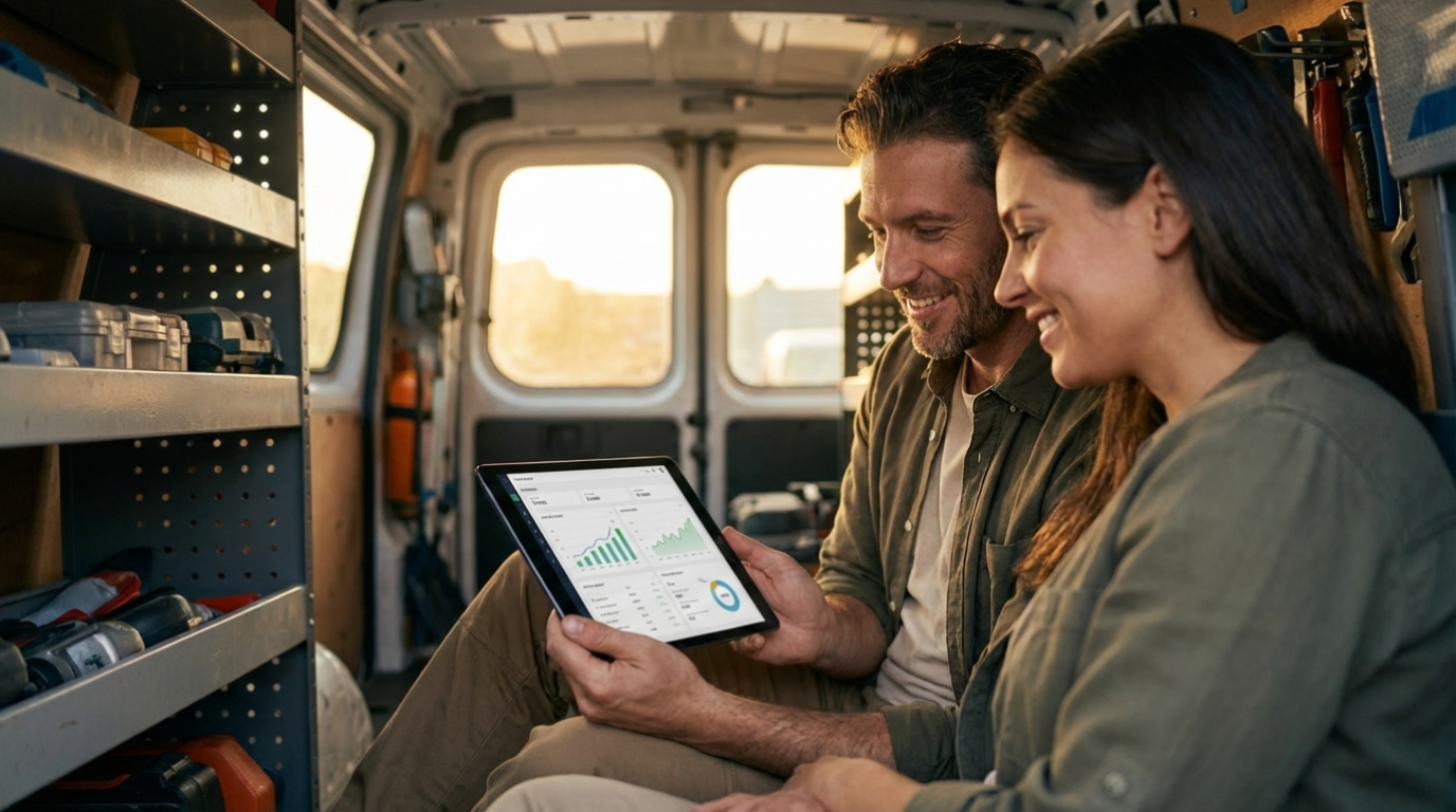 Trades team reviewing dashboard with confidence